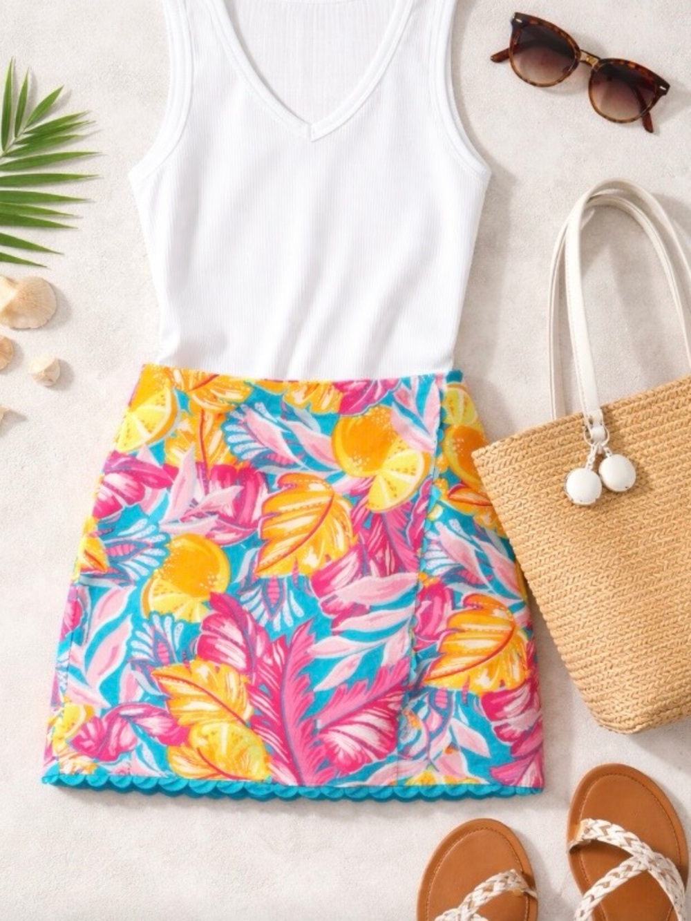 Crown & Ivy Skort Sz 14 Tropical Citrus Print Teal Pink Lemon Stretch Faux Wrap